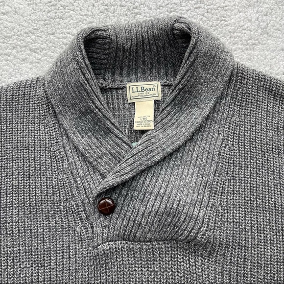 LL Bean Shawl Collar Cotton Sweater Size L Gray elbow patches - Picture 4 of 9